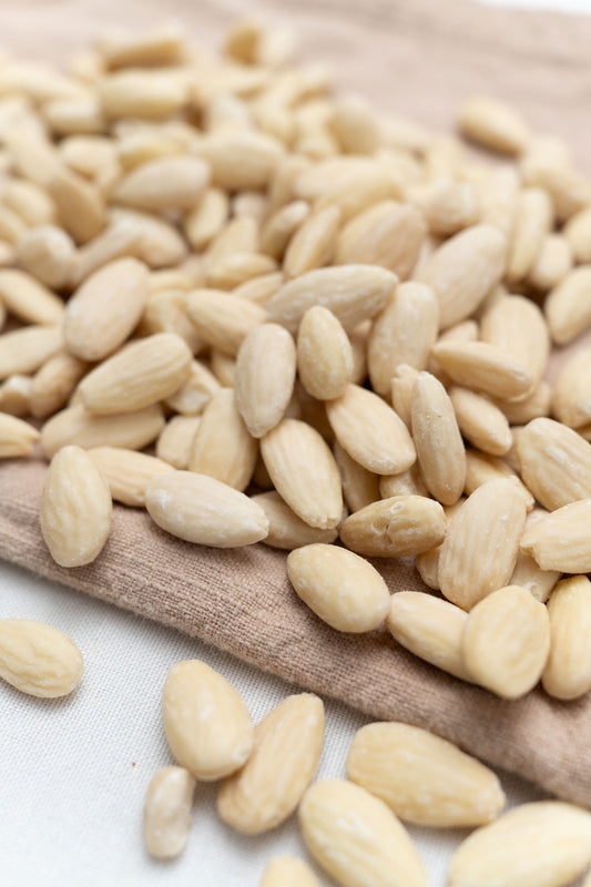 Close up of blanched almonds