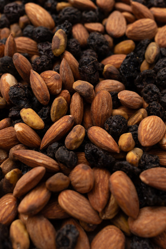 Close up of assorted almonds and dried fruits