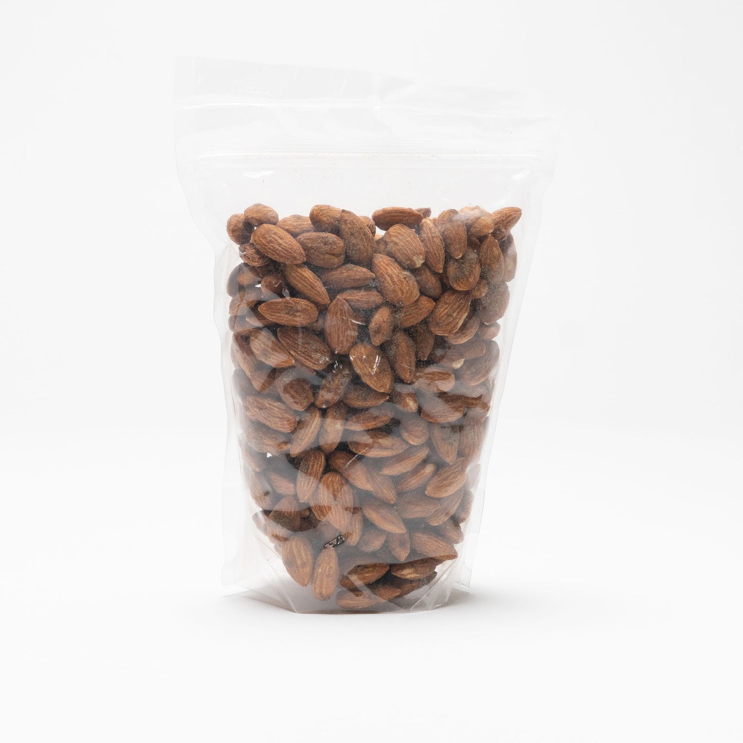 Back view of a clear bag of romano ranch almonds