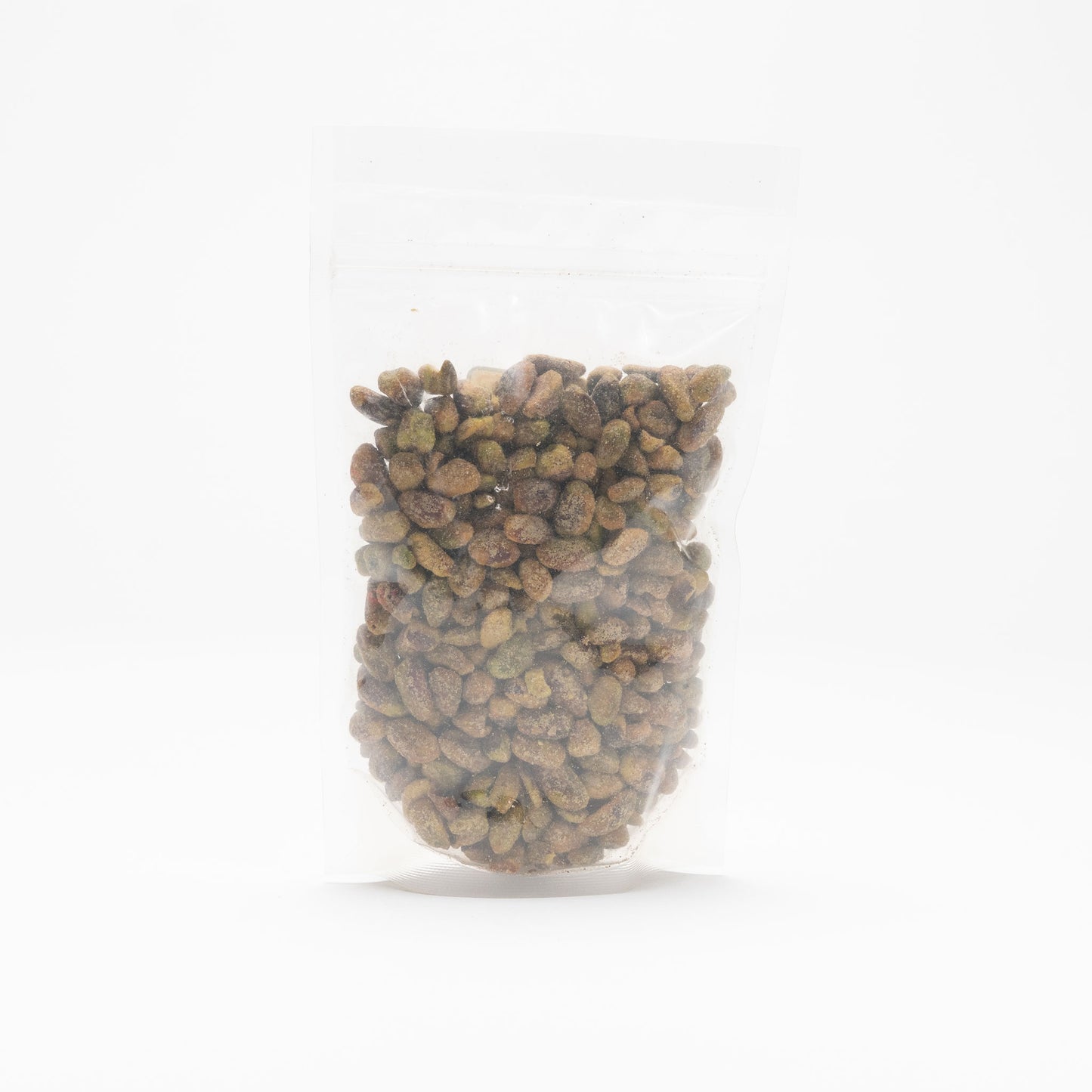 Back view of a clear bag of unshelled salt & pepper pistachios