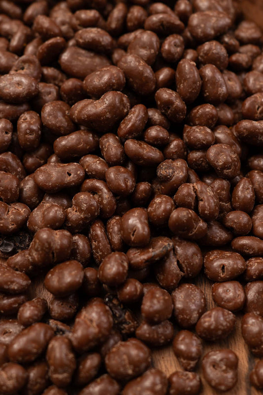 Close up of chocolate covered raisins
