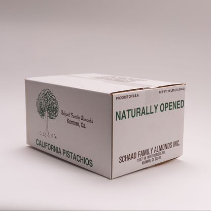 25 pound white cardboard box, labeled with the Schaad Family Almonds logo