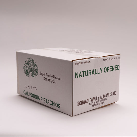 25 pound white cardboard box, labeled with the Schaad Family Almonds logo