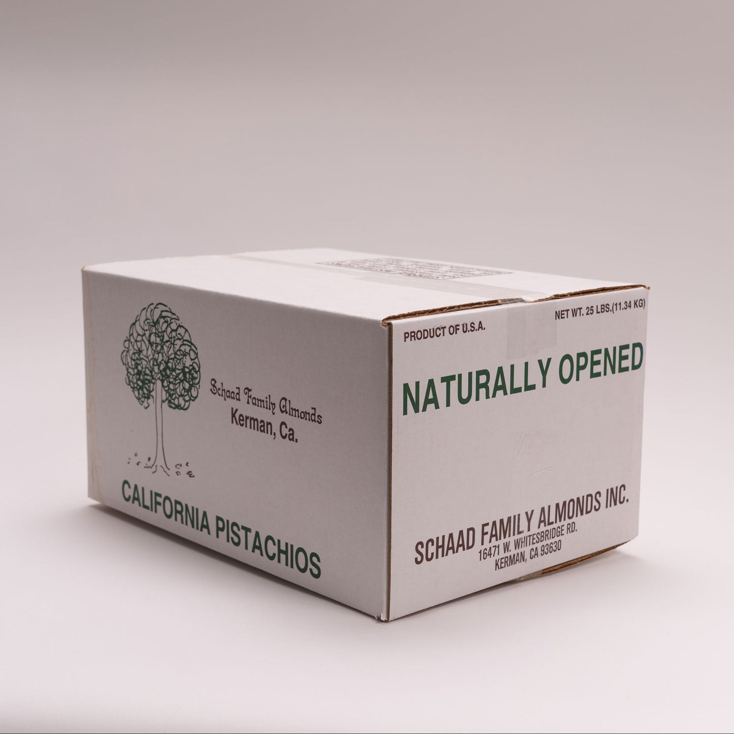 25 pound white cardboard box, labeled with the Schaad Family Almonds logo