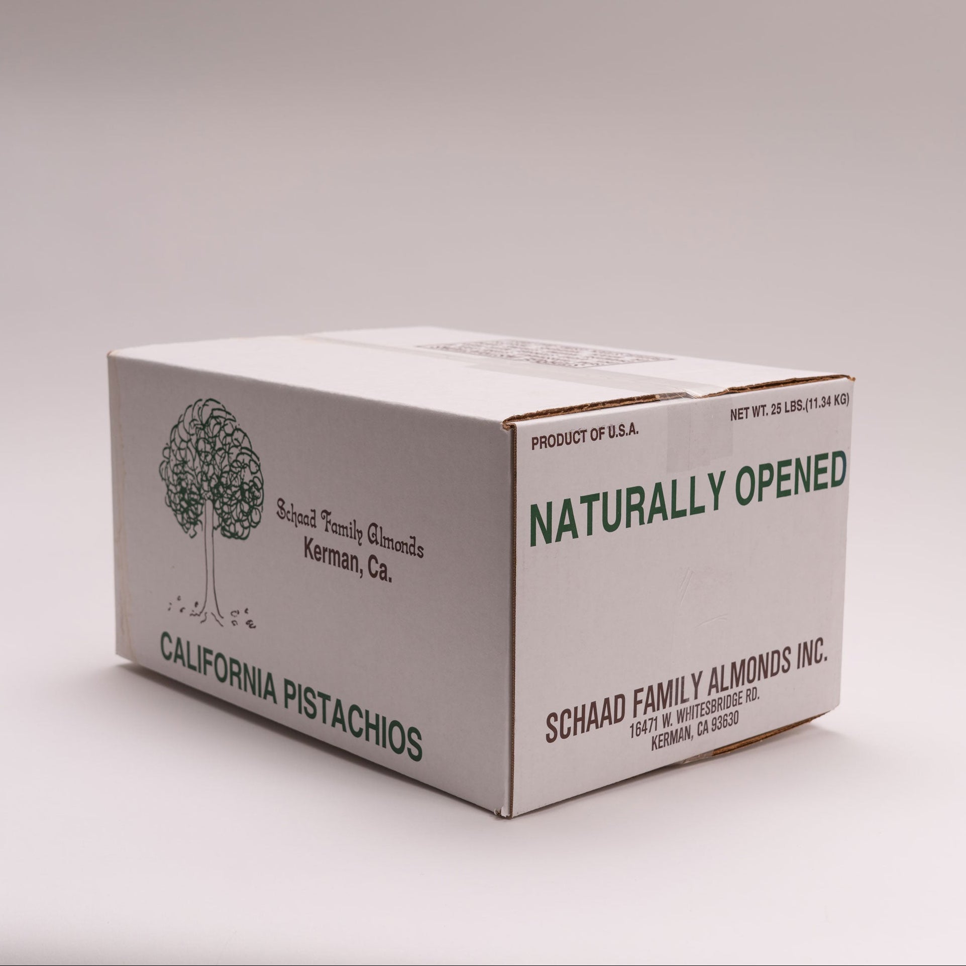 25 pound white cardboard box, labeled with the Schaad Family Almonds logo