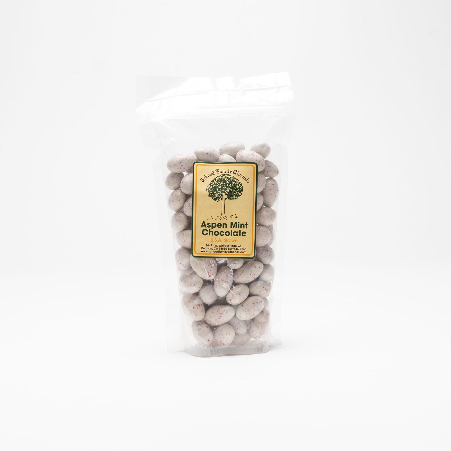 Clear bag of Aspen Mint Chocolate Almonds on a white background