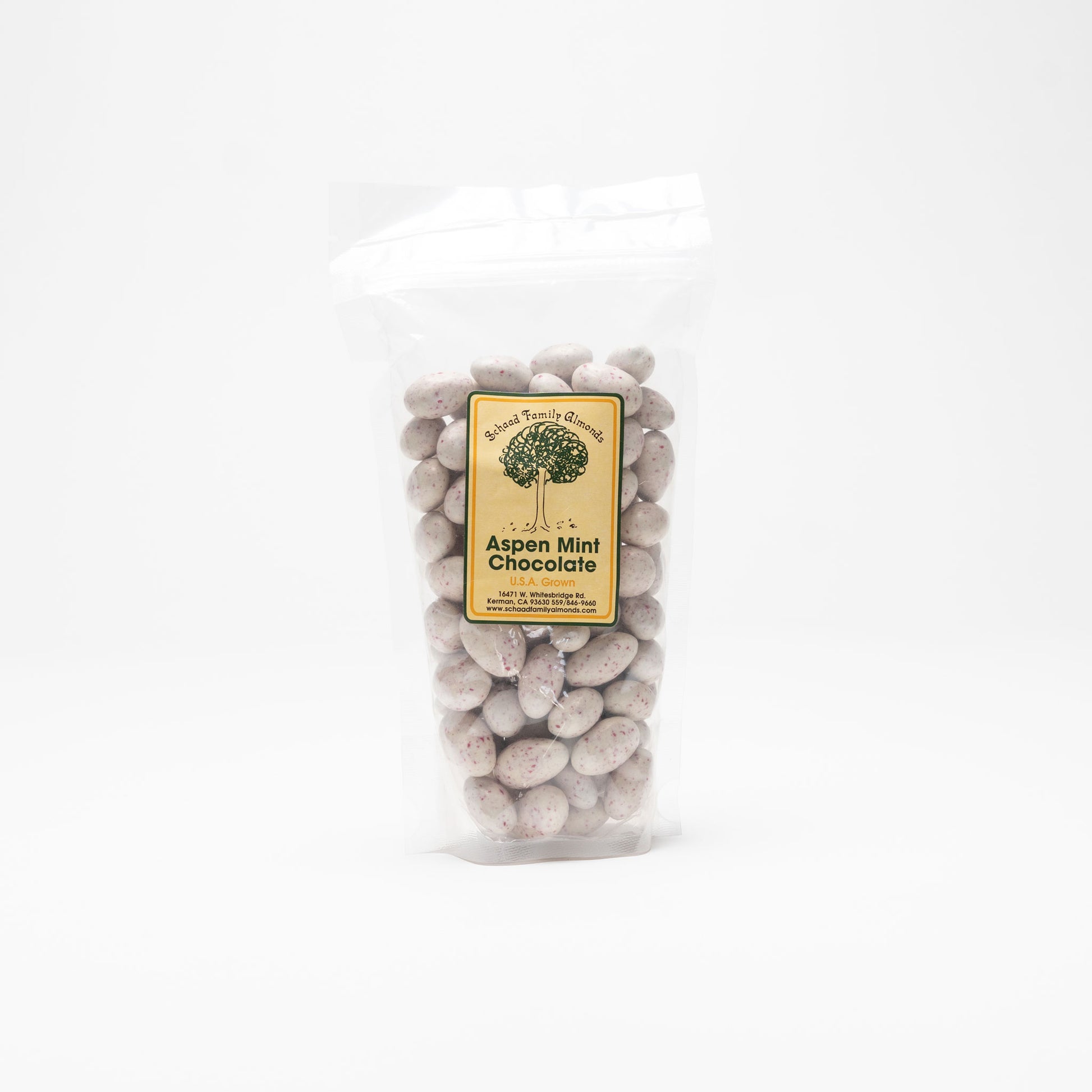 Clear bag of Aspen Mint Chocolate Almonds on a white background