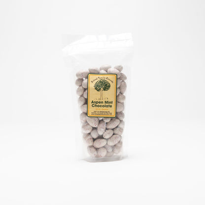 Clear bag of Aspen Mint Chocolate Almonds on a white background