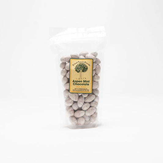 Clear bag of Aspen Mint Chocolate Almonds on a white background