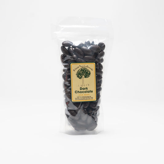 Clear bag of dark chocolate covered almonds