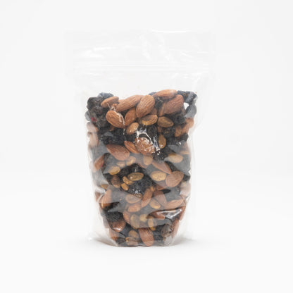 Back view of a clear bag of assorted almonds and dried fruits