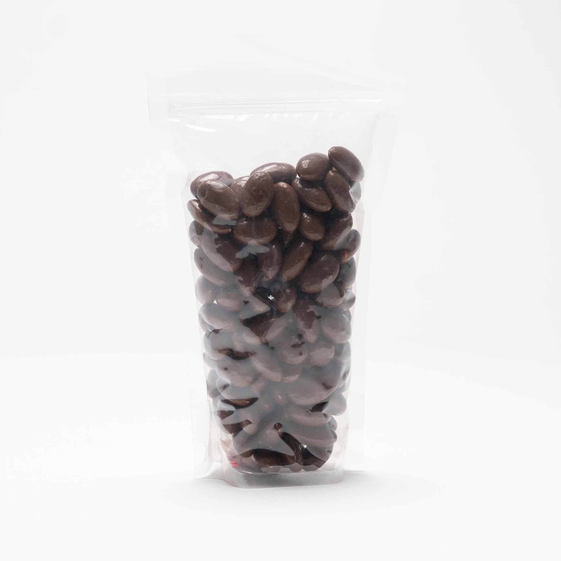 Back view of a clear bag milk chocolate covered almonds