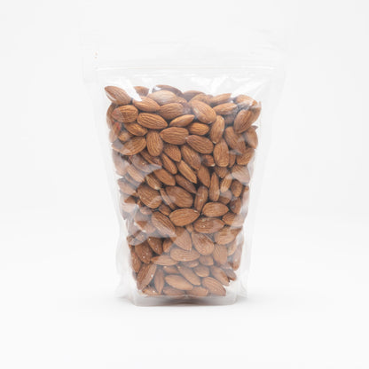 Back view of a clear bag of raw almonds