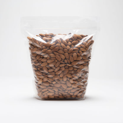 Back view of a clear bag of raw almonds