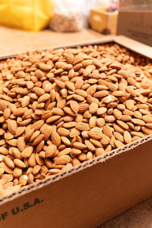 Raw almonds in a box