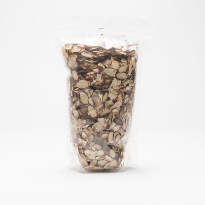 Back view of a clear bag of raw sliced almonds
