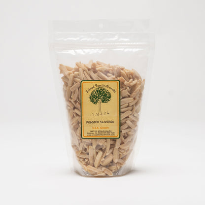 Clear bag of roasted slivered almonds