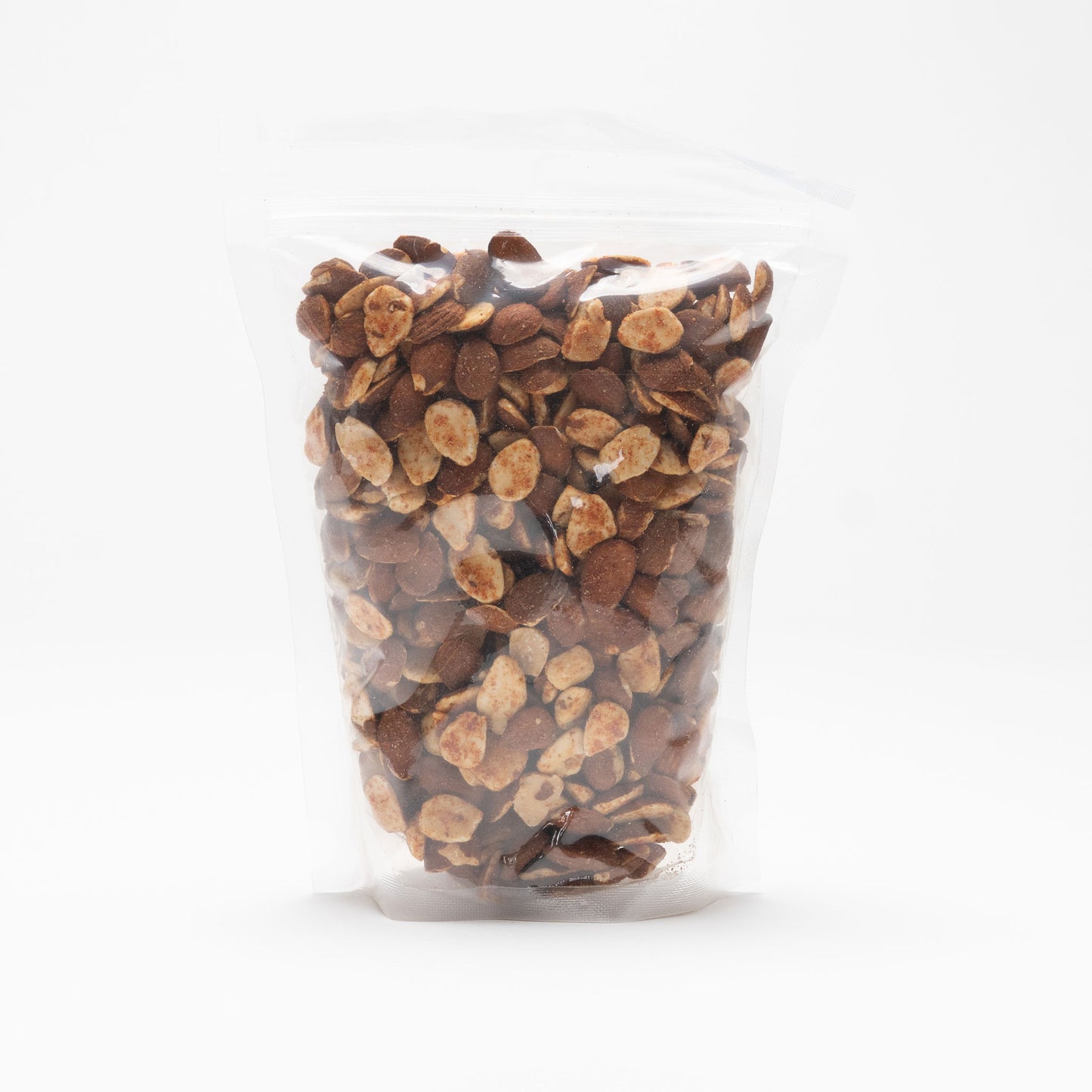 Back view of clear bag of tangy tomato almonds