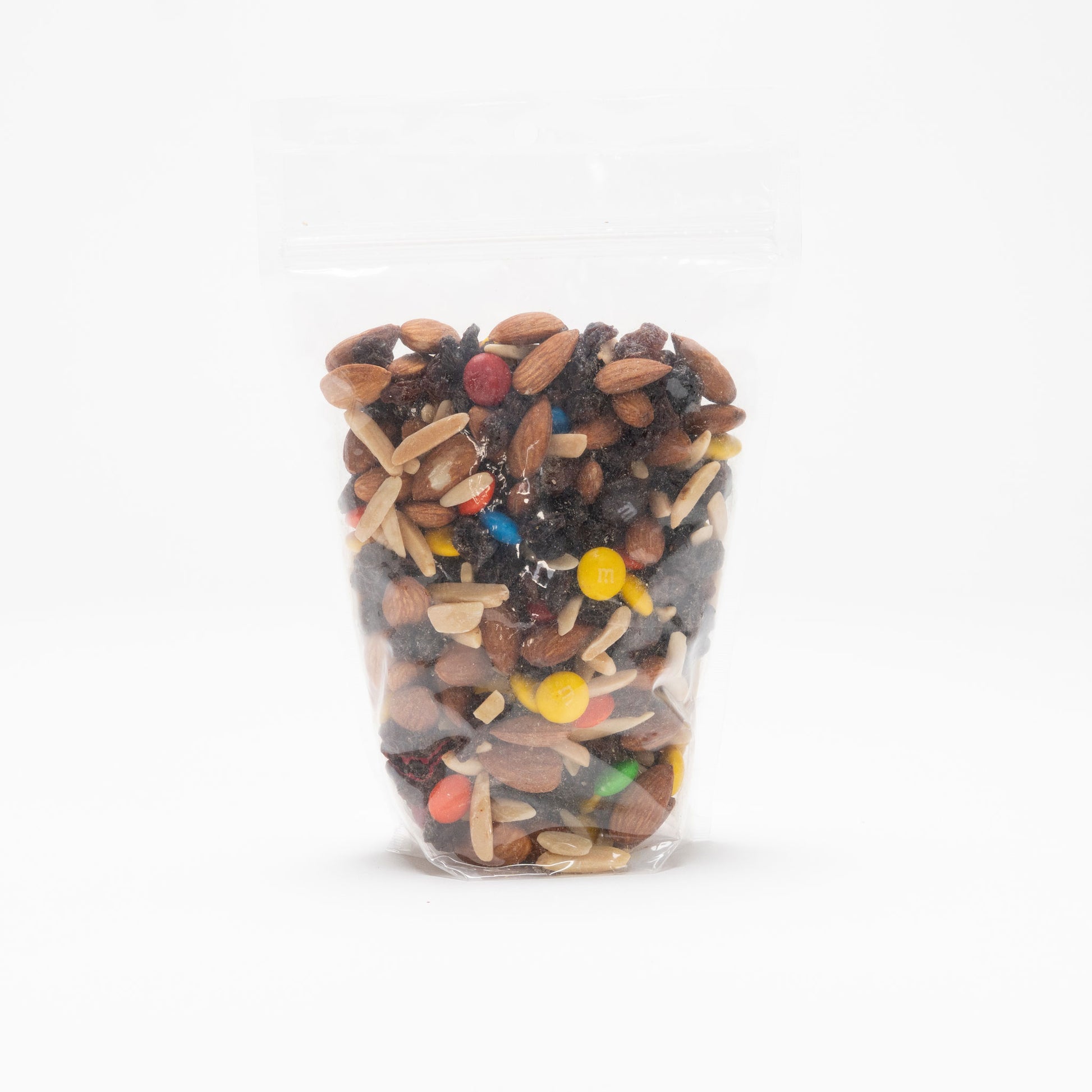 Back view of a clear bag of almond trail mix