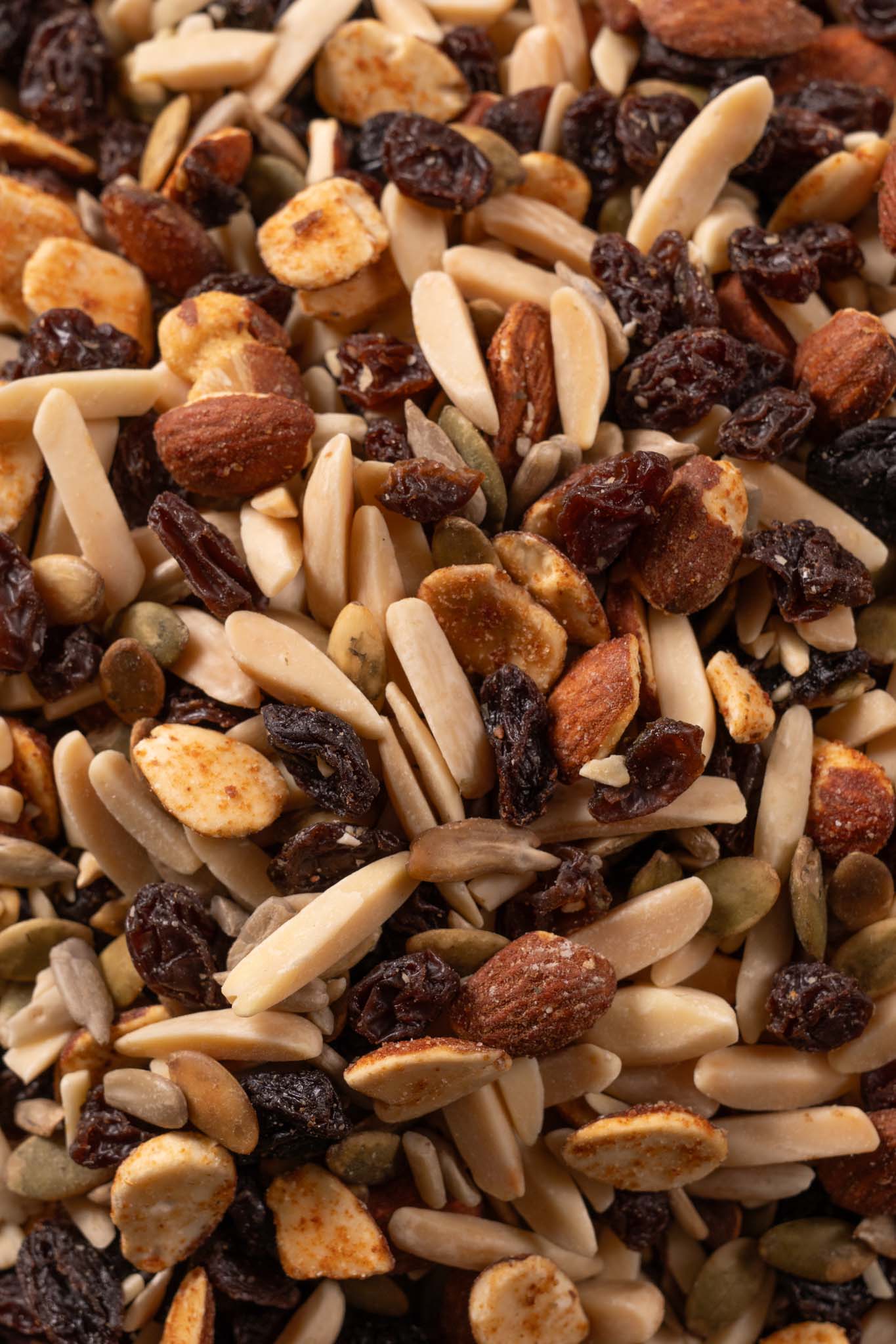 Close up of assorted nuts and raisins