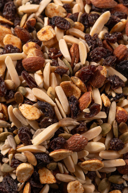 Close up of assorted nuts and raisins