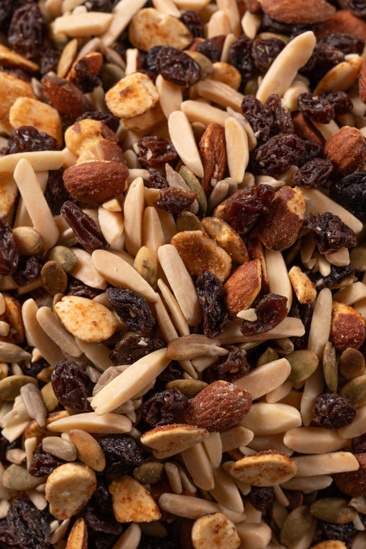 Close up of assorted nuts and raisins