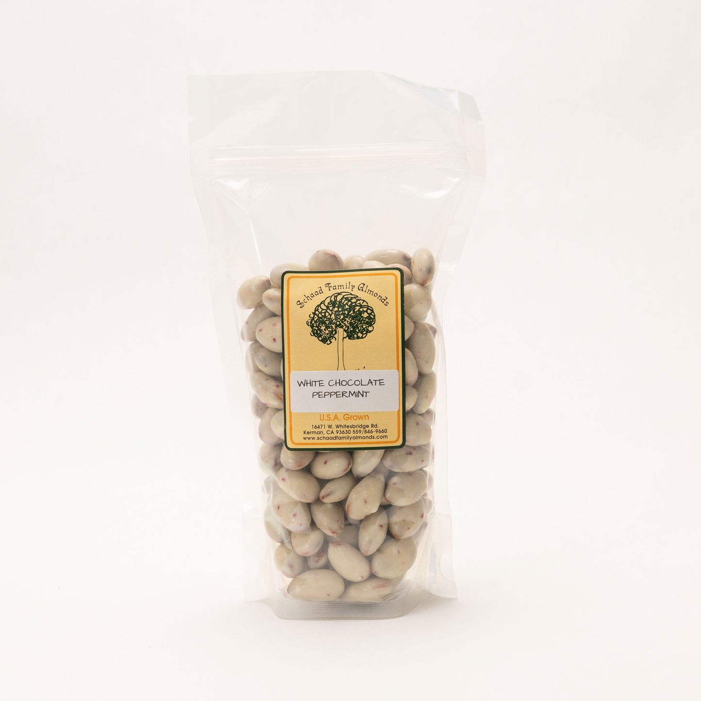 Clear bag filled with white chocolate peppermint almonds