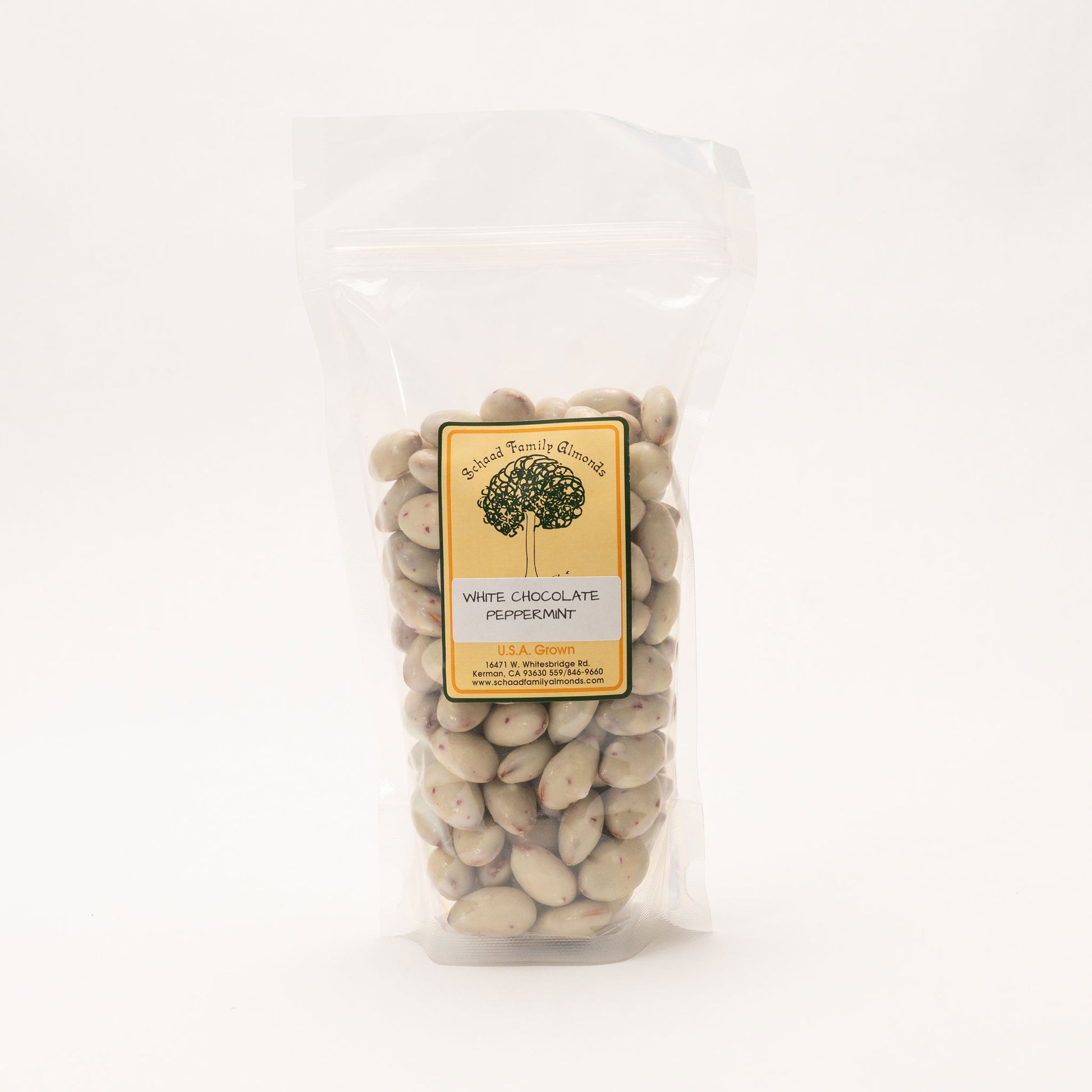 Clear bag filled with white chocolate peppermint almonds