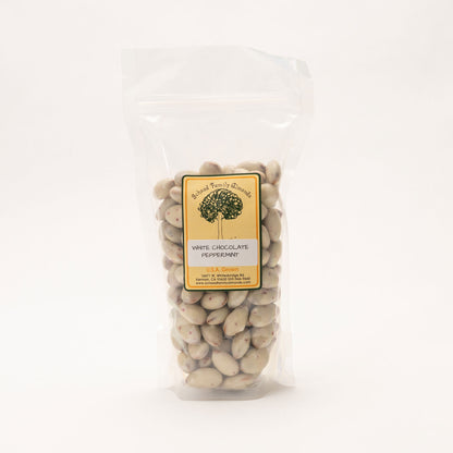 Clear bag filled with white chocolate peppermint almonds