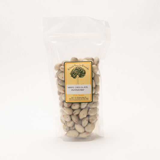 Clear bag filled with white chocolate peppermint almonds