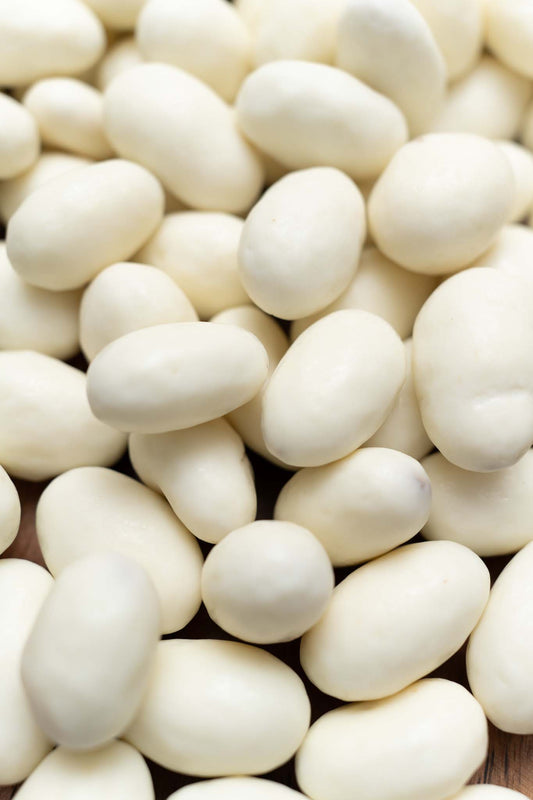 Close up of yogurt covered almonds