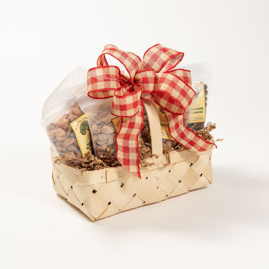 Gift basket with six items on a white background