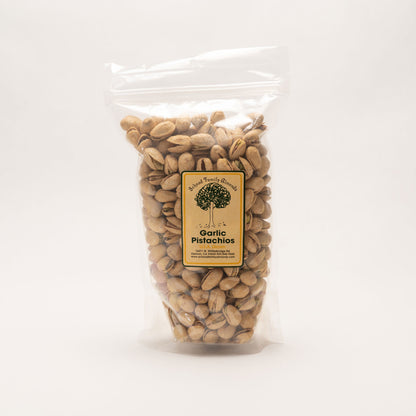 Clear bag of garlic flavored pistachios
