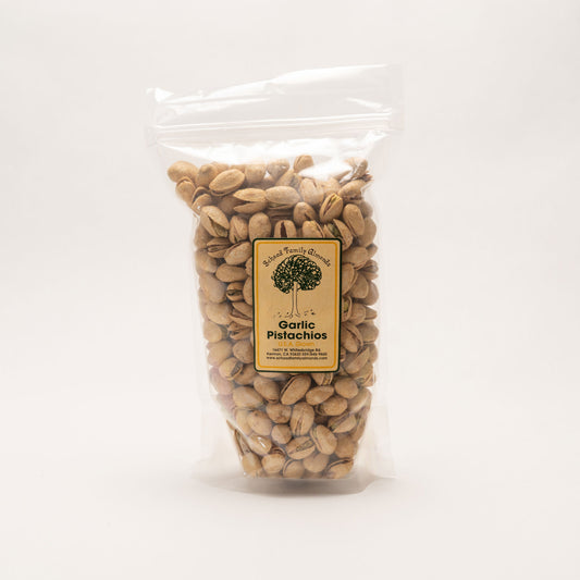Clear bag of garlic flavored pistachios