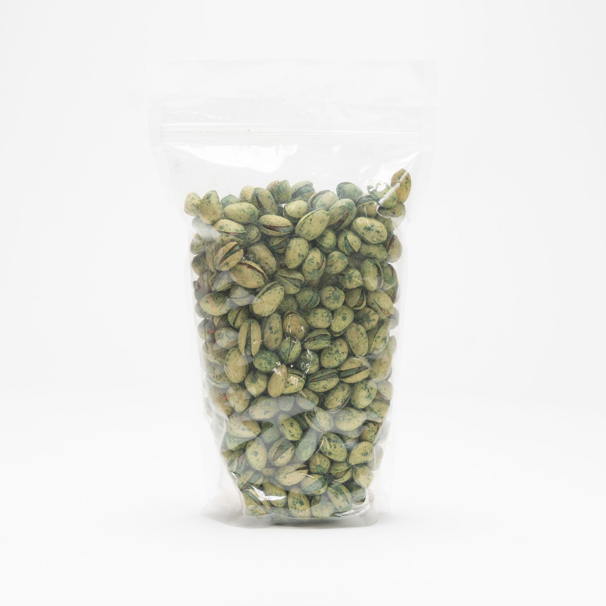 Back view of clear bag of jalapeño pistachios