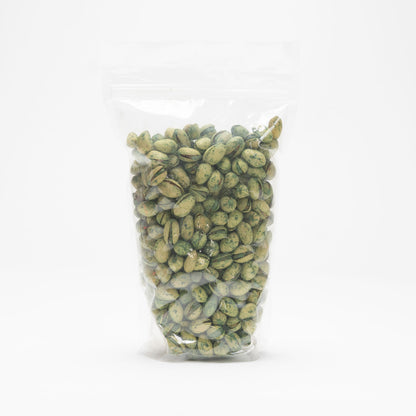 Back view of clear bag of jalapeño pistachios