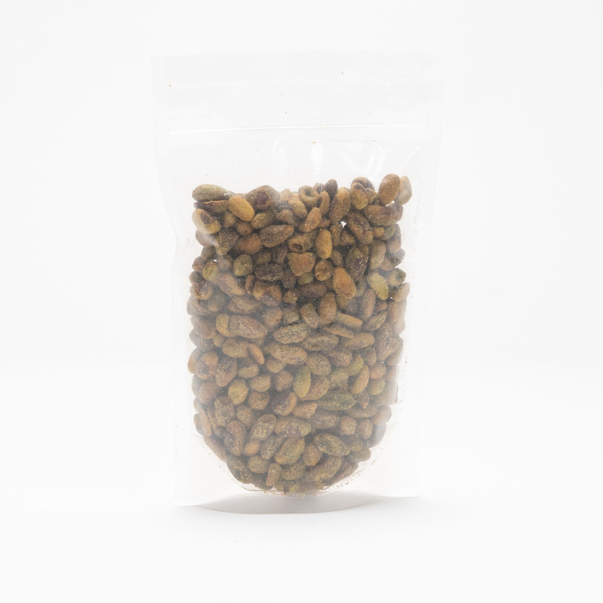 Back view of a clear bag of jalapeño lime flavored unshelled pistachios