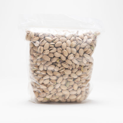 Back view of a clear bag of roasted and salted pistachios