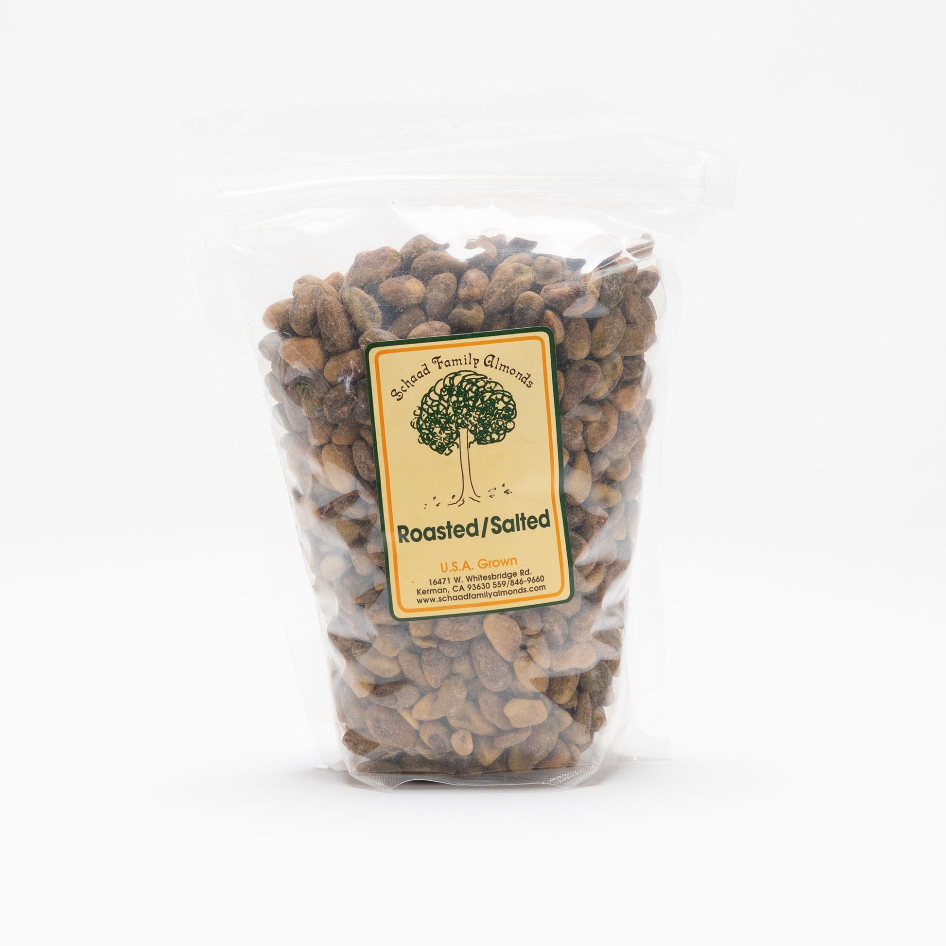 Clear bag of unshelled roasted and slated pistachios