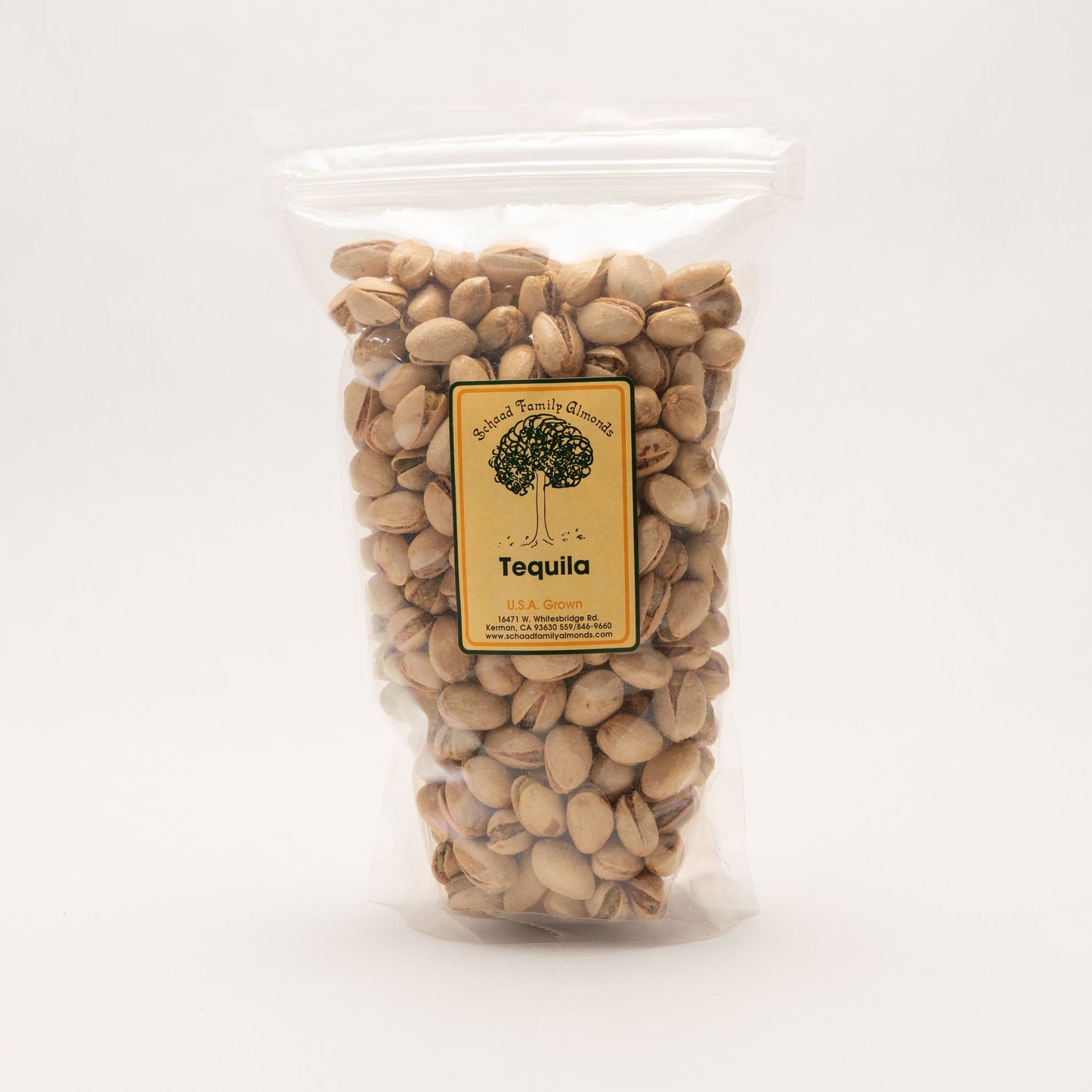 Clear bag filled with tequila flavored pistachios