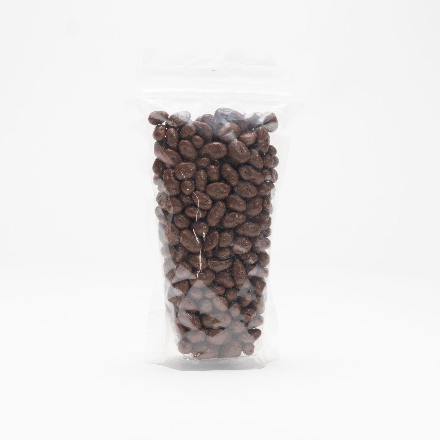 Back view of a clear bag of chocolate covered raisins