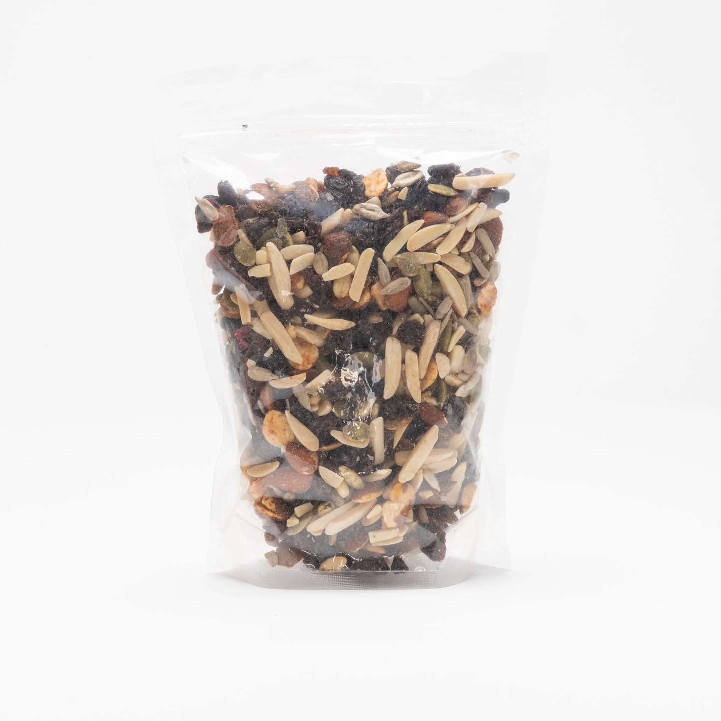 Back view of a clear bag of assorted nuts and raisins